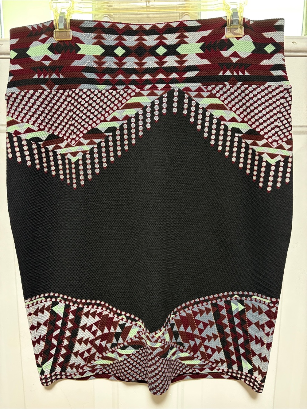 LuLaRoe Black Pencil Skirt with Burgundy, Gray & Mint Aztec Pattern